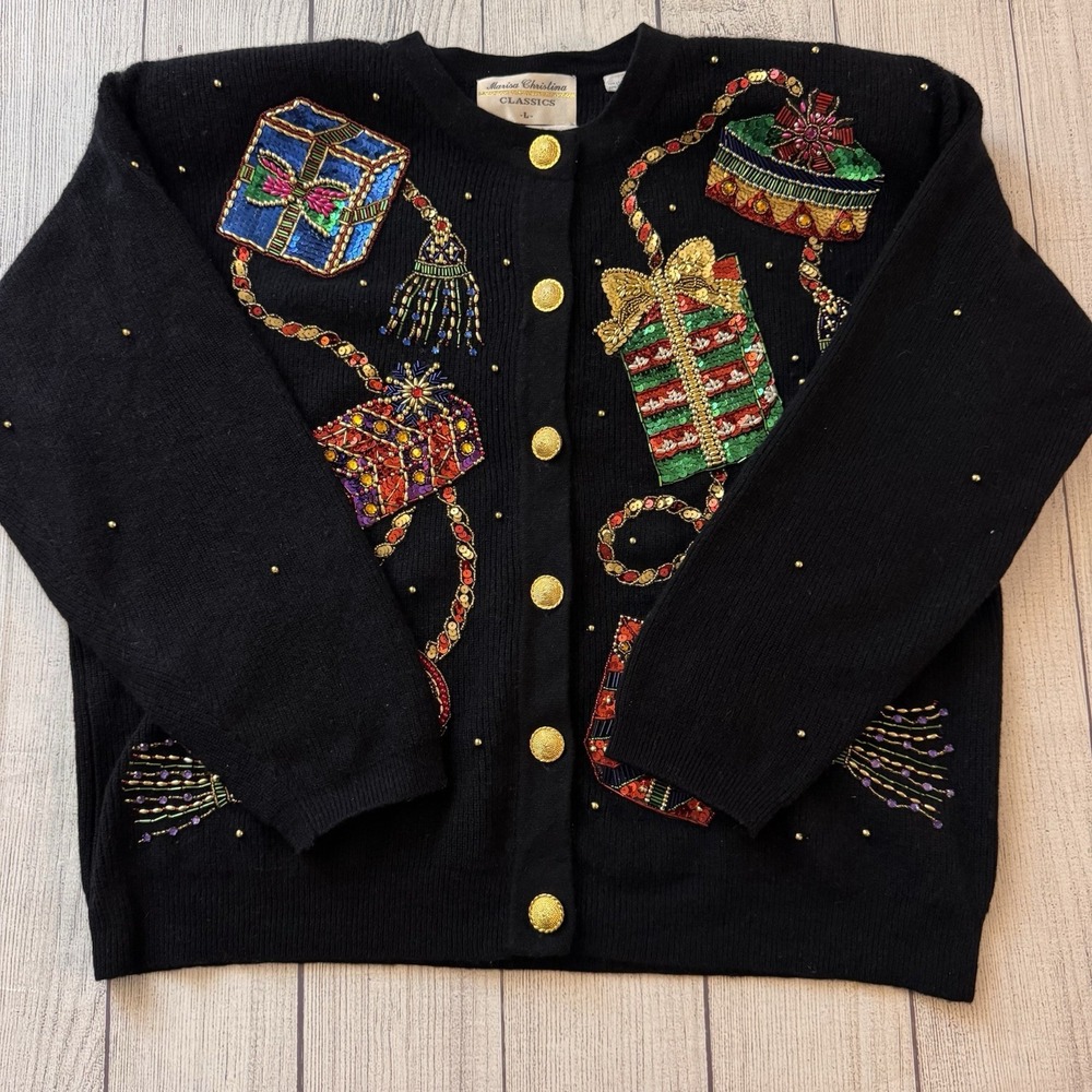 Marisa Christina Classics 1994 Christmas Sweater L Beaded Sequin Lamb Angora
